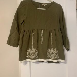 Boho embroidered Polagram olive green top